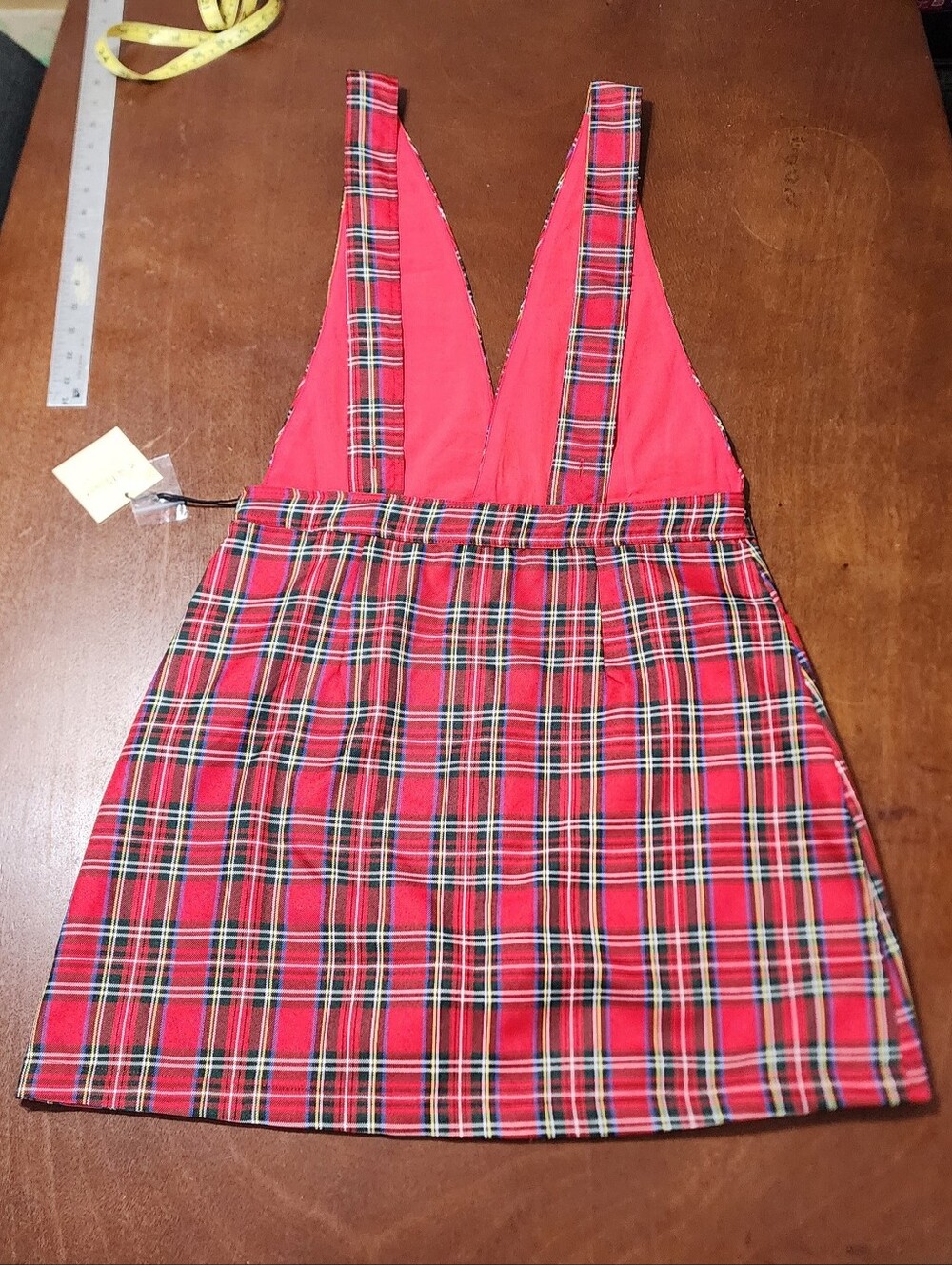 Smak Parlour Red Plaid Pinafore Dress With Black Bows And Pockets